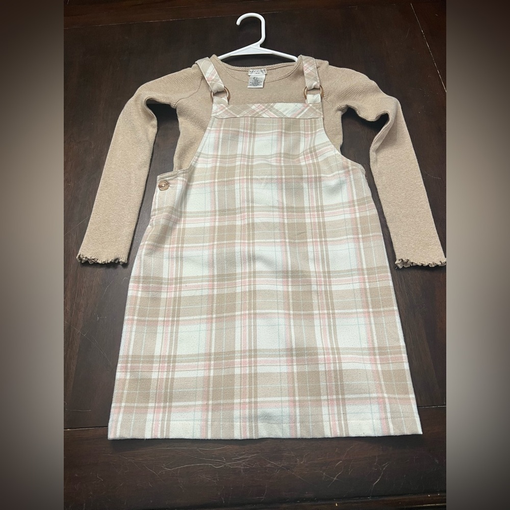 Pinafore Plaid Dress with Beige Ribbed Shirt